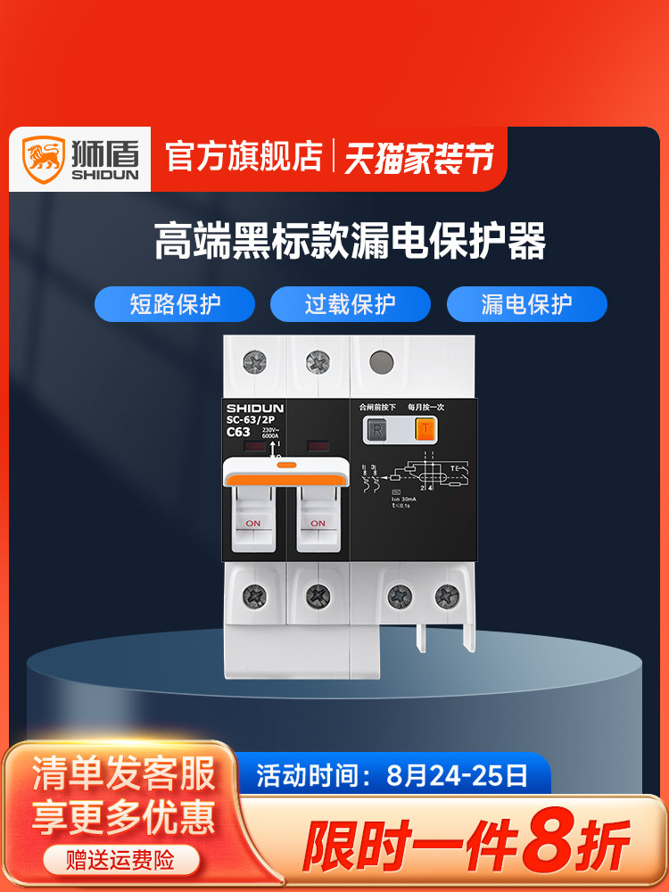 狮子屏蔽漏电保护器开关家用220V空气开关2P漏电保护漏电开关32A6