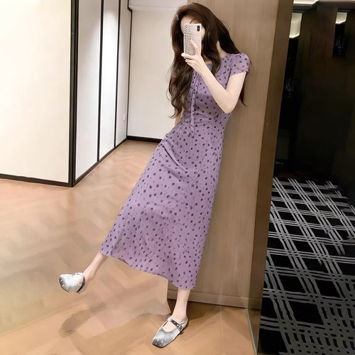 法式紫色短袖波点连衣裙女2026夏季新款名媛风风情万种掐腰长裙子