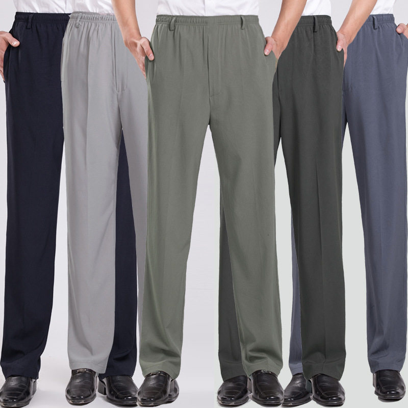 中老年男休闲裤男夏季薄款高腰冰丝裤宽松爸爸装松紧腰老人长裤子