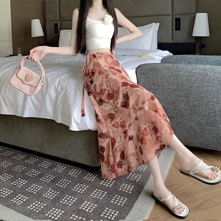 夏温柔风轻柔雪纺半身裙一片式 绑带印花雪纺裙沙滩裙