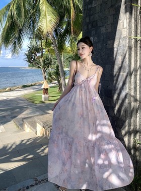 后背紫色多巴胺度假吊带晕染连衣裙露背裙蝴蝶结仙女气质海边油画
