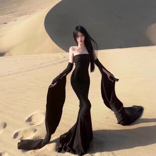 长裙旅游晚礼服穿出游飘带裙子红色搭连衣裙洱海拍照沙漠黑色大理