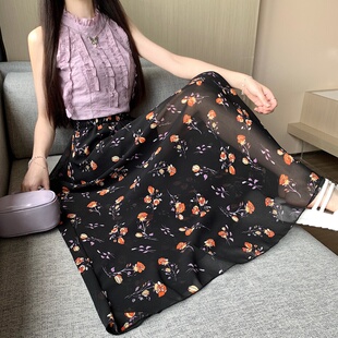 夏季 A字裙简约韩风大摆长裙 百搭印花雪纺半身裙长款