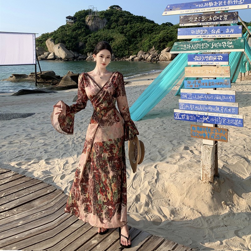 绑带风复古式海边波泰国长袖一片西米亚印花连衣裙度假众沙滩裙小