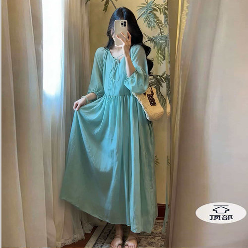棉麻中长裙2026夏季新品文艺范仙女裙V领宽松大码短袖亚麻连衣裙