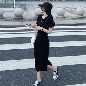 修身莫代尔连衣裙褶皱短袖包臀裙2026春夏新款女中长款连身长裙子