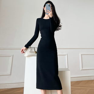 女长裙高级感打底长裙连衣裙 针织连衣裙2025新款 秋季 气质黑色长袖