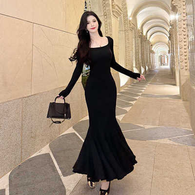 法式复古方领长袖连衣裙