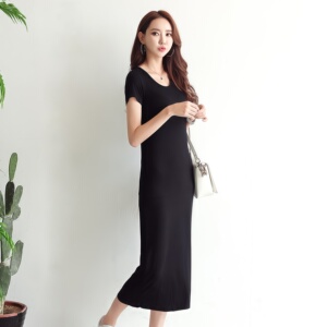 简约优雅风黑色莫代尔连衣裙女夏V领短袖修身过膝长裙开叉一步裙