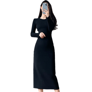 秋季气质黑色长袖针织连衣裙2025新款女长裙高级感打底长裙连衣裙