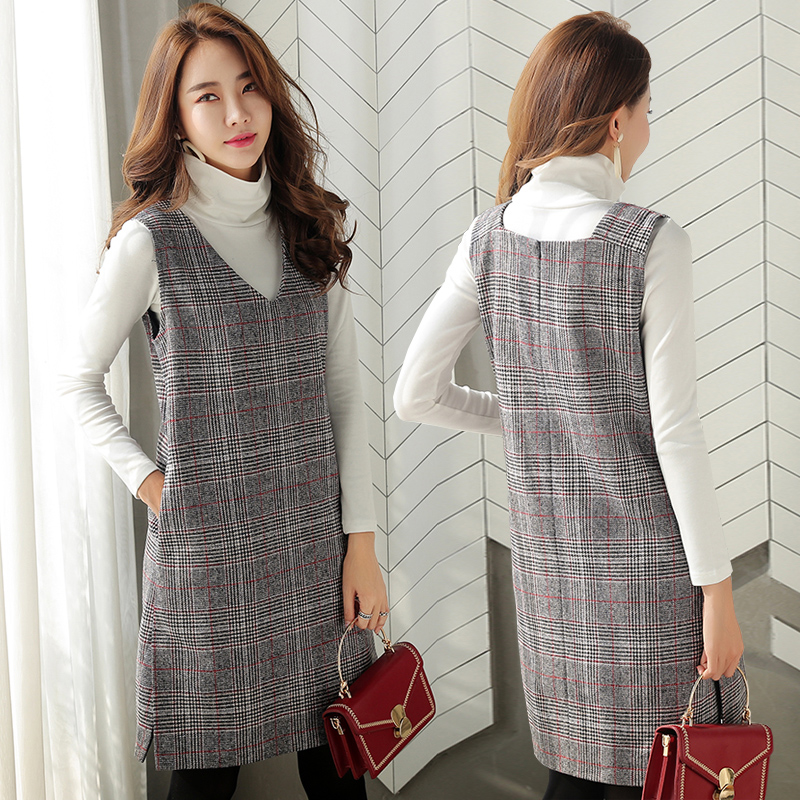 千鸟格无袖毛呢背心裙连衣裙