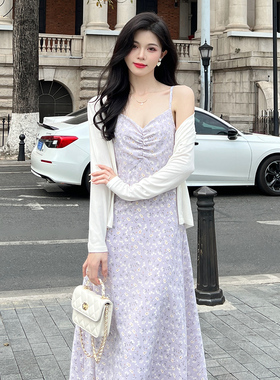 紫色雪纺吊带裙小碎花连衣裙女2025春夏设计感修身显瘦a字长裙子
