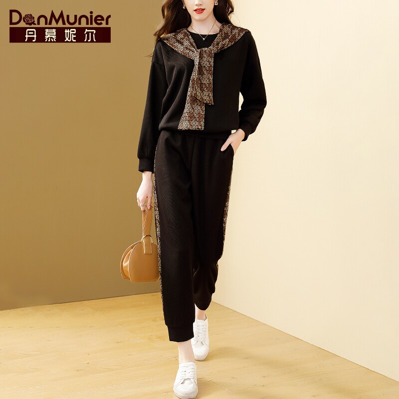 丹慕妮尔披肩卫衣卫裤套装女运动休闲2023新款秋冬时尚减龄两件套