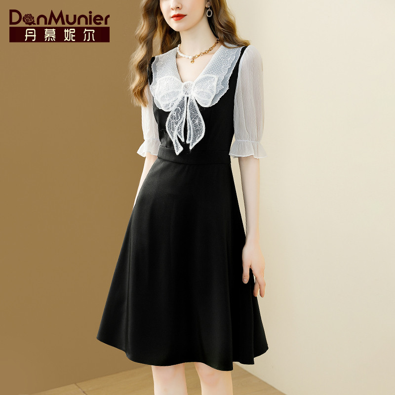 丹慕妮尔时尚大牌黑色连衣裙女夏季2023新款蝴蝶结气质收腰a字裙