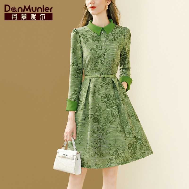 丹慕妮尔法式轻奢印花高级感连衣裙女秋冬新款长袖收腰气质a字裙