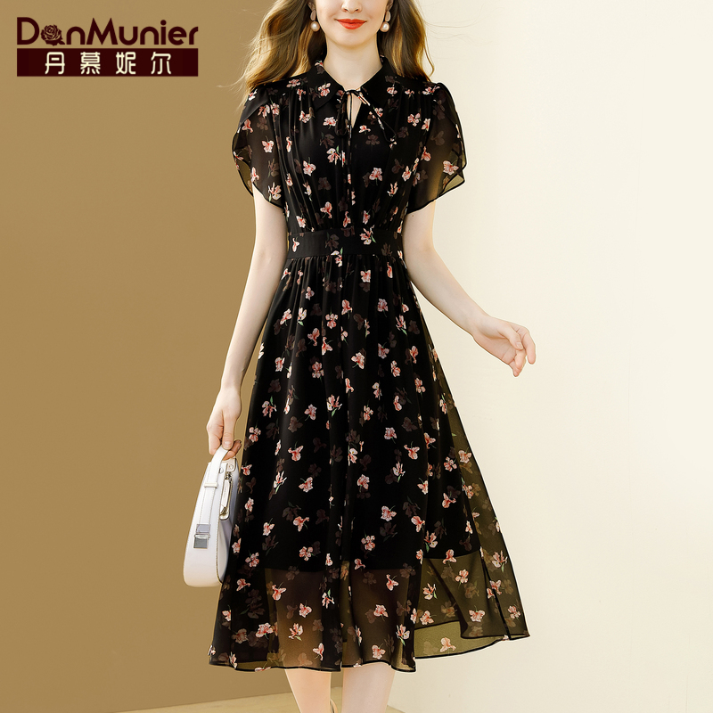 丹慕妮尔法式黑色印花雪纺连衣裙女2024夏季新款气质收腰显瘦长裙
