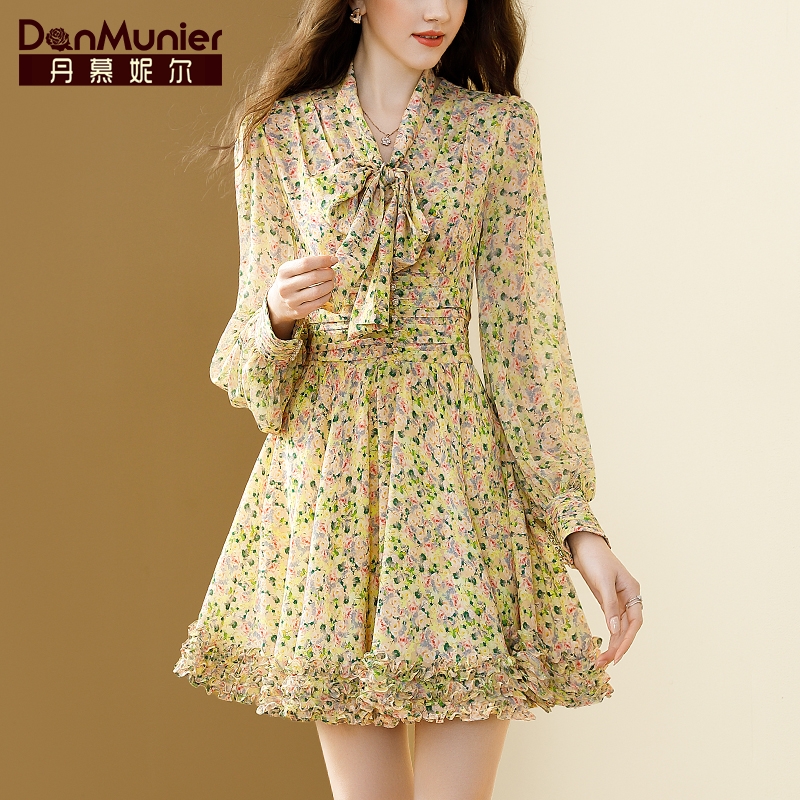 丹慕妮尔碎花雪纺连衣裙女2023春秋新款蝴蝶结法式长袖收腰中长裙