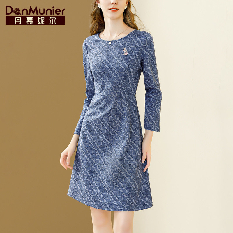 丹慕妮尔法式高端轻奢印花长袖连衣裙女秋冬新款气质收腰显瘦裙子