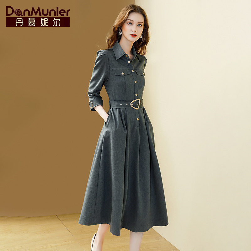 丹慕妮尔时尚轻奢休闲连衣裙女秋季2022新款翻领收腰别致大摆长裙