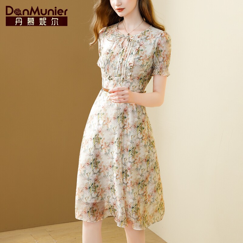 丹慕妮尔法式碎花连衣裙女2023夏新款蝴蝶结收腰气质雪纺中长裙子