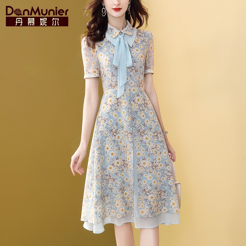 丹慕妮尔蝴蝶结碎花连衣裙女装2021新款夏季收腰显瘦典雅气质裙子