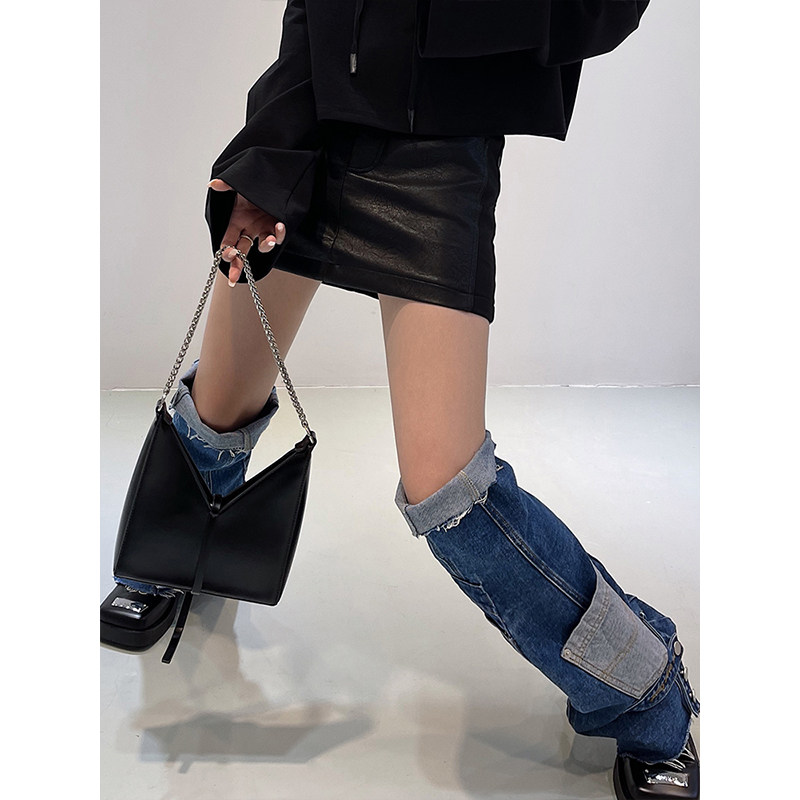 牛仔裤筒小众设计感网红腿套中筒流苏牛仔小腿裤腿套袜套女