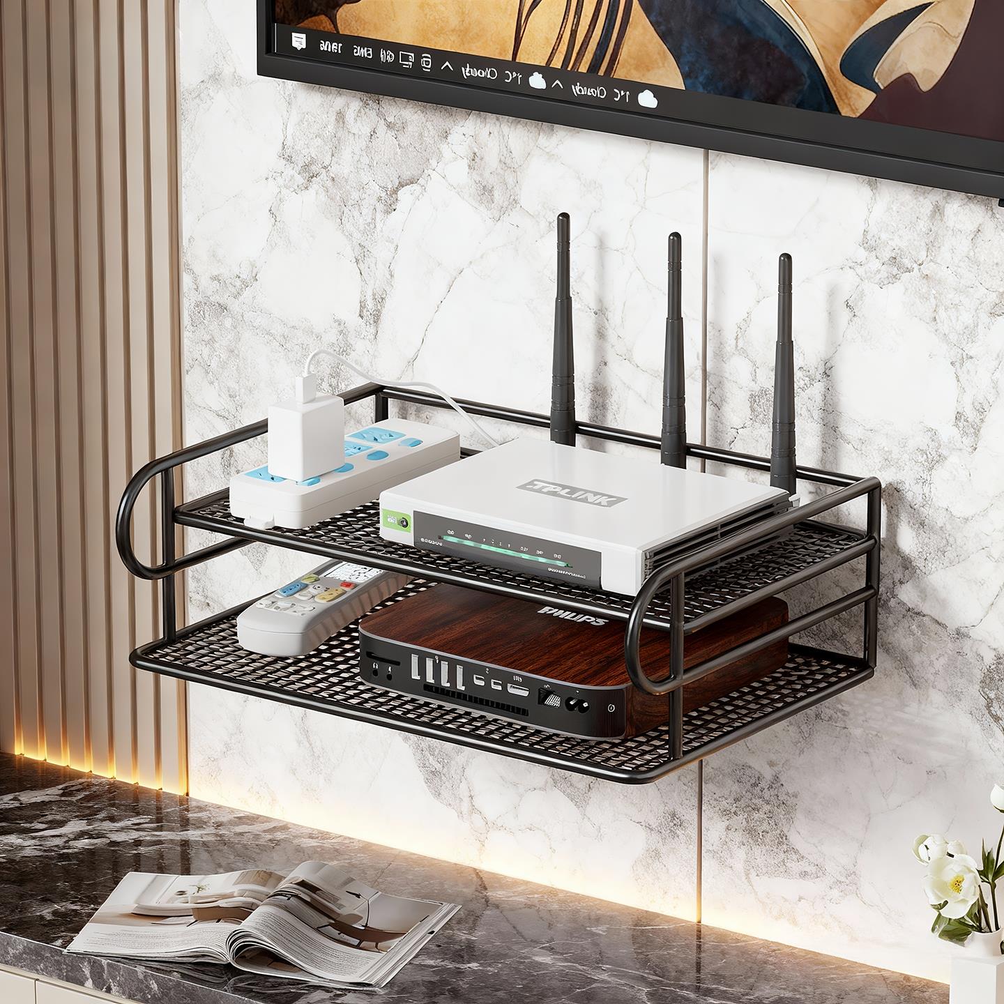 WiFi路由器放置架墙上免打孔排插收纳支架电视机顶盒网卡整理架