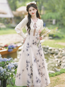 水墨印花连衣裙法式假两件女装复古淑女甜美减龄桔梗长裙茶歇裙子