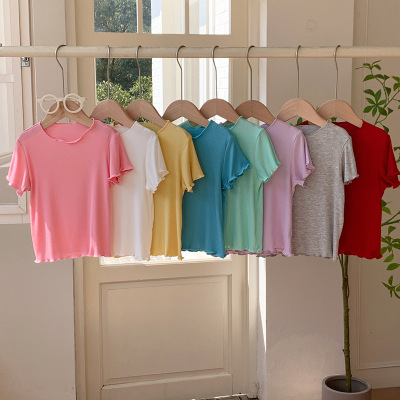 女童夏季糖果色超薄冰丝软糯短袖韩版坑条百搭木耳花边甜美T恤衫