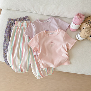 女童夏季小清新套装韩版短袖T恤印花哈伦裤子柔软纯棉洋气两件套