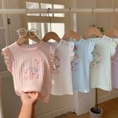 纯棉宝宝洋气糖果色公主印花短袖 T恤2026夏季 提花飞飞袖 女童薄款