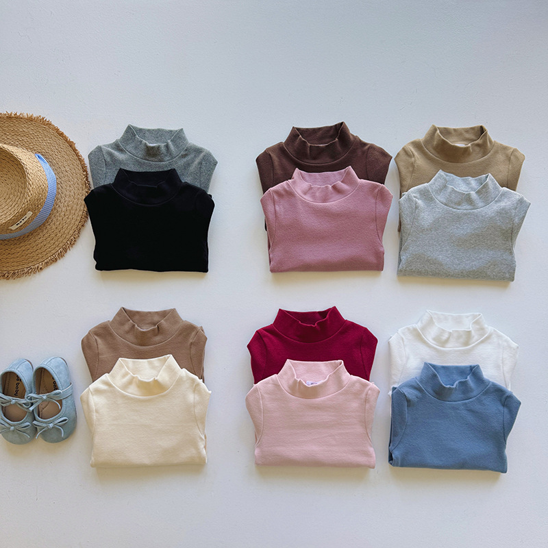 宝宝纯棉磨毛T恤衫春秋冬季男女童纯色半高领保暖打底衫内搭秋衣