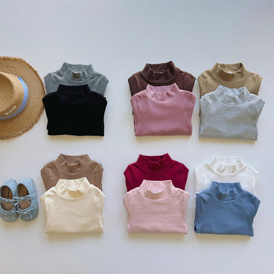 宝宝纯棉磨毛T恤衫春秋冬季男女童纯色半高领保暖打底衫内搭秋衣