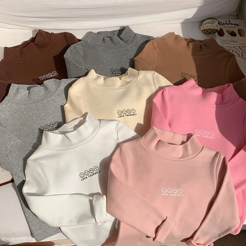 秋冬纯棉磨毛保暖打底衫男女童百搭笑脸秋衣宝宝弹力半高领T恤衫