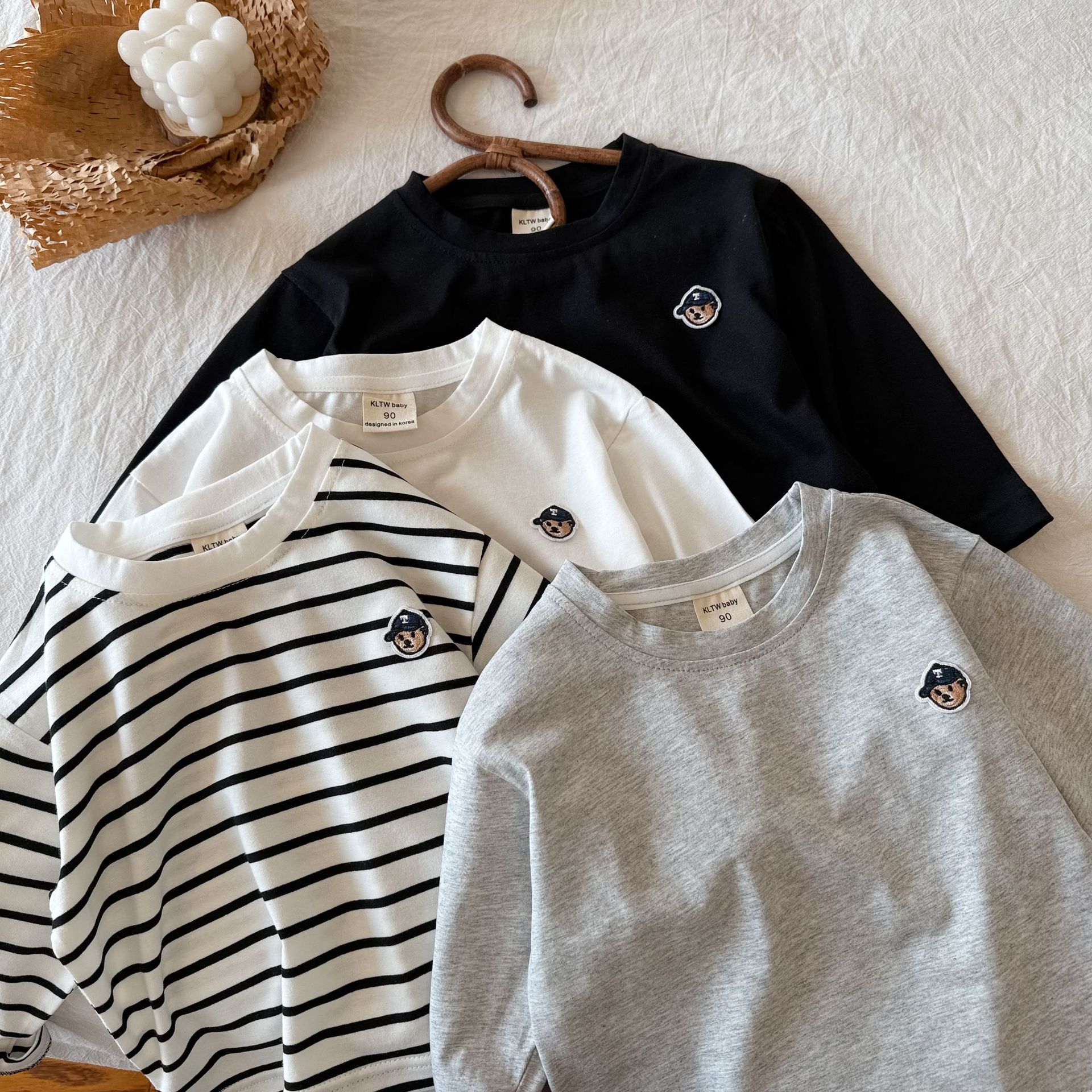 宝宝纯棉弹力长袖T恤2025春装新款男女童卡通小熊条纹柔软打底衫