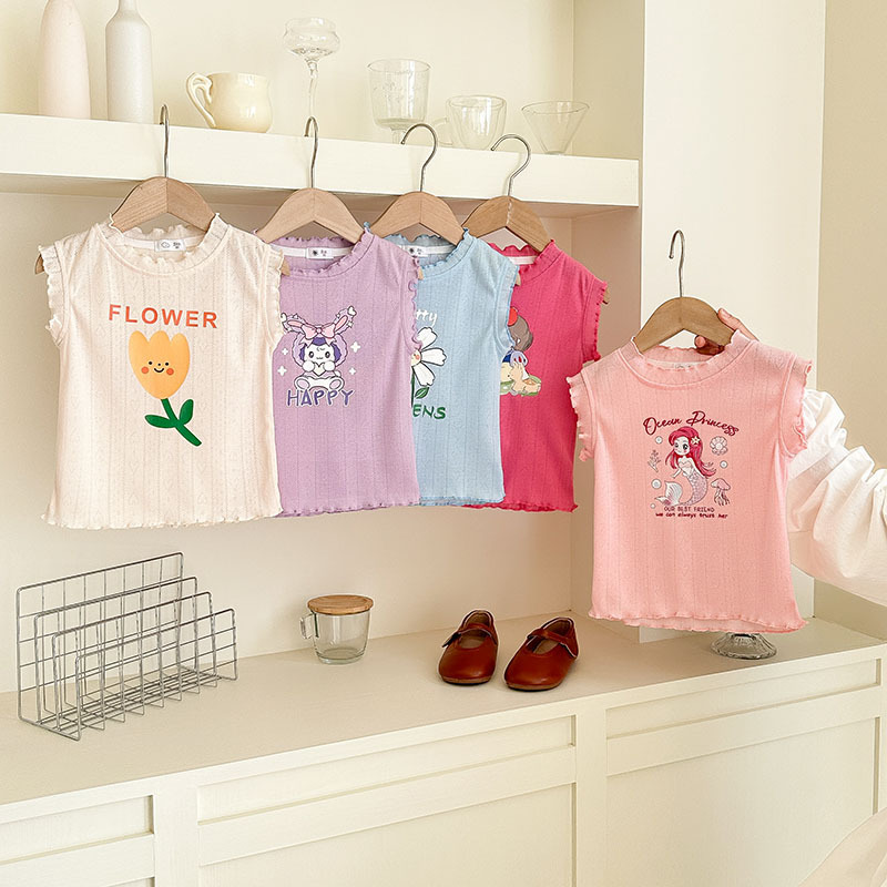 宝宝花边可爱背心外穿2025夏季新款女童纯棉无袖T恤印花公主上衣