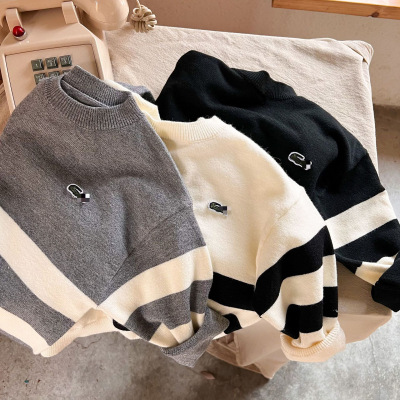 儿童包芯纱条纹套头毛衣针织衫