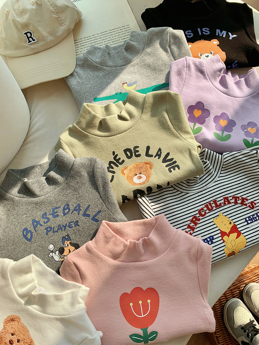 立领长袖打底衫磨毛T恤卡通儿童