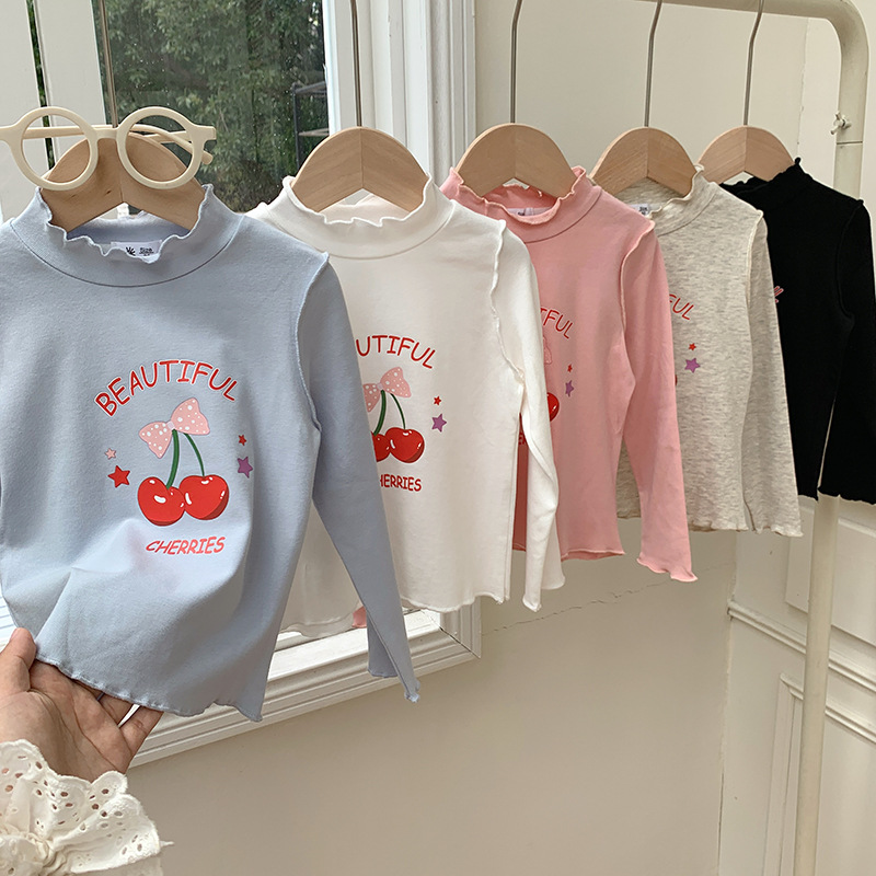 女童纯棉弹力长袖木耳花边T恤衫宝宝韩版樱桃印花甜美可爱打底衫