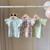 女童薄款 碎花荷叶飞袖 立领花边短袖 2025夏款 宝宝气质棉布衬衫 T恤
