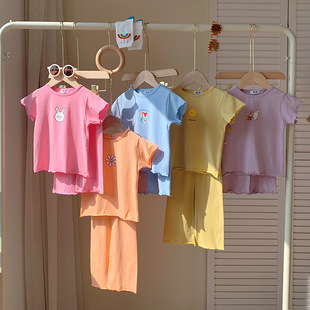 宝宝木耳边短袖短中裤两件套2025夏季女童薄款凉爽睡衣可爱外出服