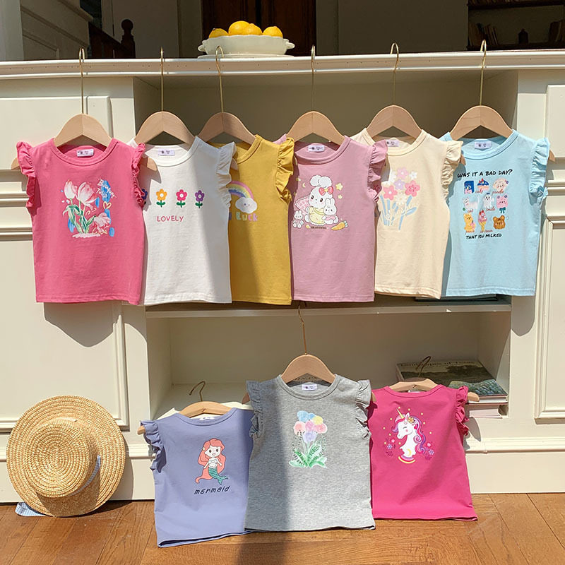 宝宝纯棉弹力可爱短袖2026荷叶小飞袖男女童糖果色可爱印花T恤衫