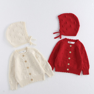 婴幼儿花边泡泡球毛衣开衫秋冬女宝宝新年喜庆纯棉针织外套送帽子