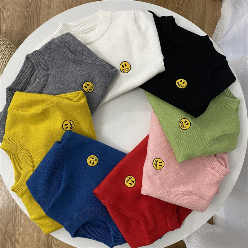 儿童刺绣笑脸套头圆领毛衣针织衫