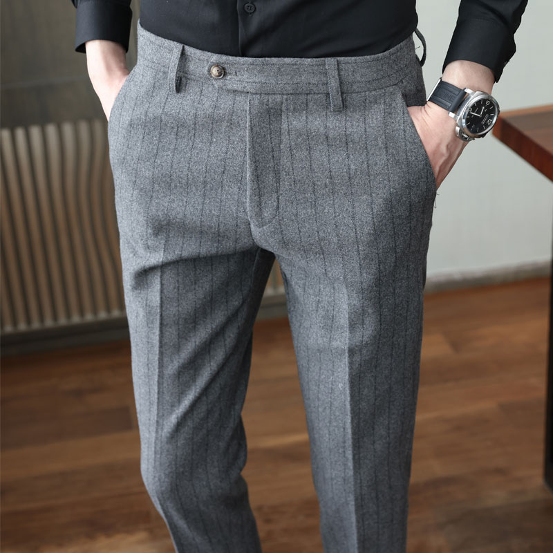 呢子西裤男秋冬款条纹休闲裤磨毛男裤修身小脚裤弹力商务长1122k