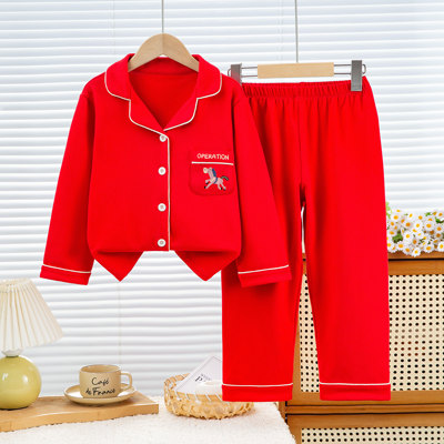 纯棉大红色儿童家居服睡衣套装