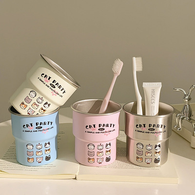 小猫高级卡通家族漱口杯高颜值情侣家用家庭装刷牙杯学生不锈钢杯