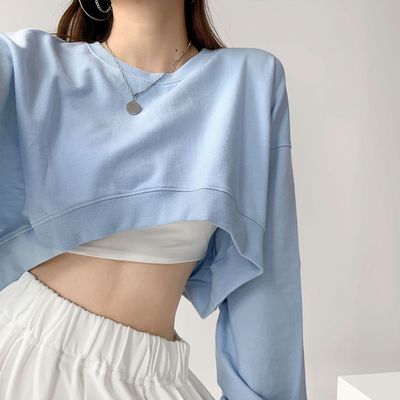 个性班服短款卫衣女秋季韩国纯色新款宽松圆领女士长袖上衣女装潮