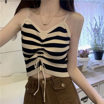 个性班服条纹抽绳针织小吊带背心女夏设计感内搭打底辣妹短款上衣