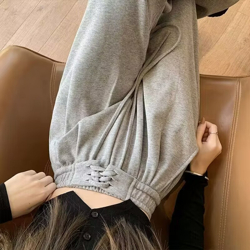 2023春秋新款绑带运动裤高腰垂感窄版直筒拖地休闲学生卫裤女潮